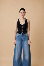 Corselete Textured Knit Corset Top in Black | Casa Maly