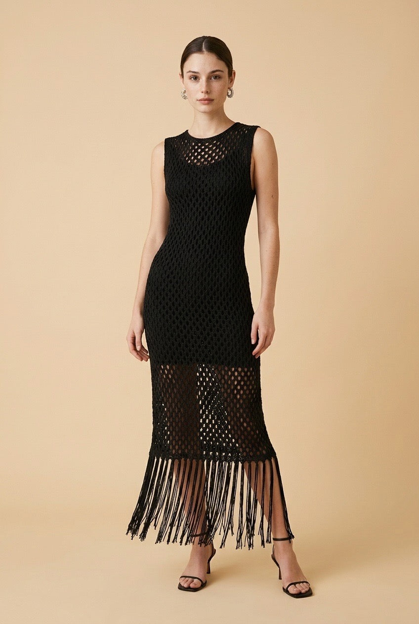 Franca Textured Acrylic Knit Maxi Dress in Negro | Casa Maly