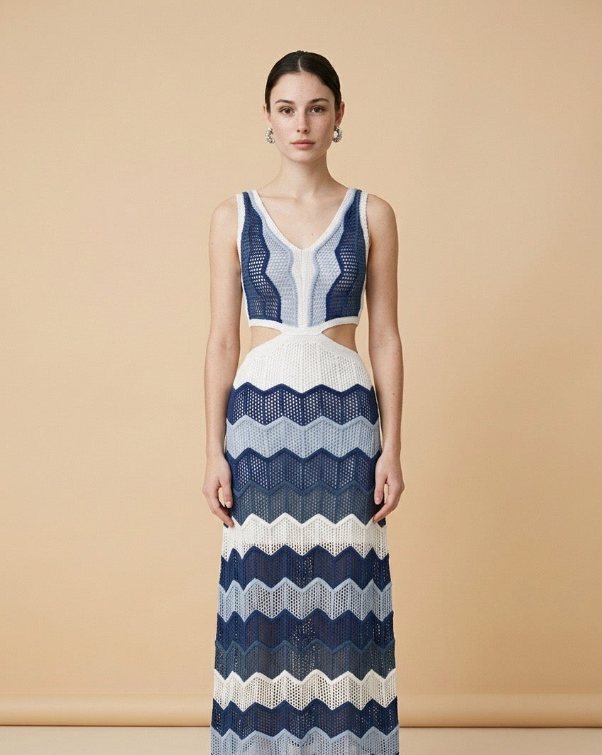 Silvia Blue & Off White Knit Dress | Casa Maly