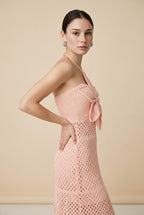 Bloom 3D Flower Pointelle Knit Halter Maxi Dress in Pink | Casa Maly
