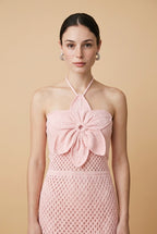 Bloom 3D Flower Pointelle Knit Halter Maxi Dress in Pink | Casa Maly