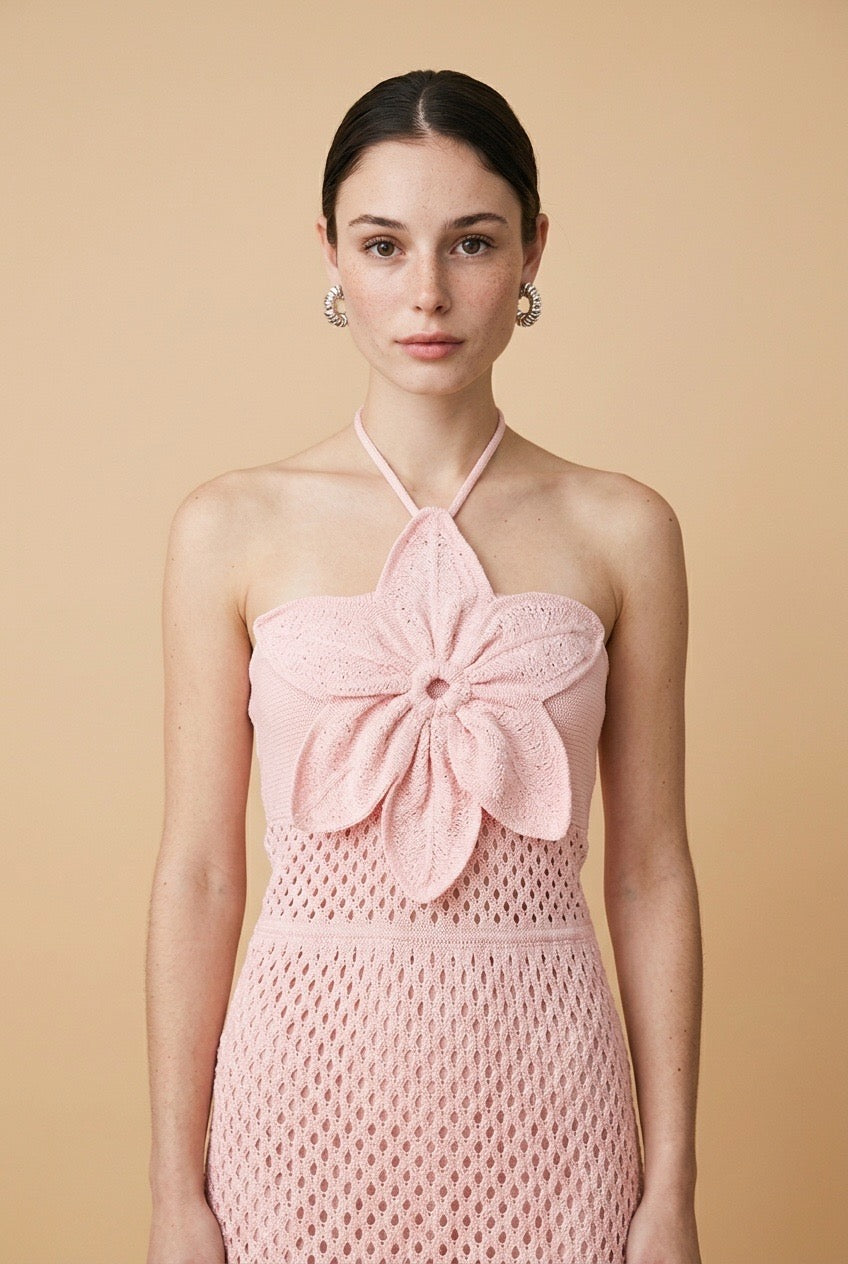 Bloom 3D Flower Pointelle Knit Halter Maxi Dress in Pink | Casa Maly