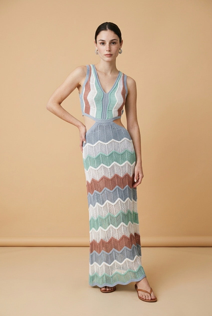 Silvia Off White & Aquamarine Knit Dress | Casa Maly