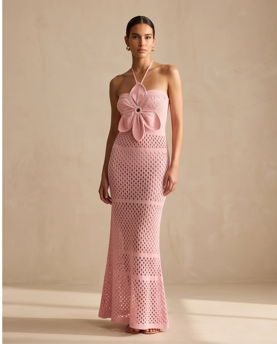 Bloom 3D Flower Pointelle Knit Halter Maxi Dress in Pink | Casa Maly