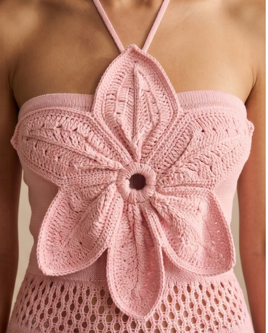 Bloom 3D Flower Pointelle Knit Halter Maxi Dress in Pink | Casa Maly