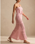 Bloom 3D Flower Pointelle Knit Halter Maxi Dress in Pink | Casa Maly