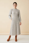 Noa Long-Sleeve Round-Neck Midi Dress with Side Slit in Beige | Casa Maly