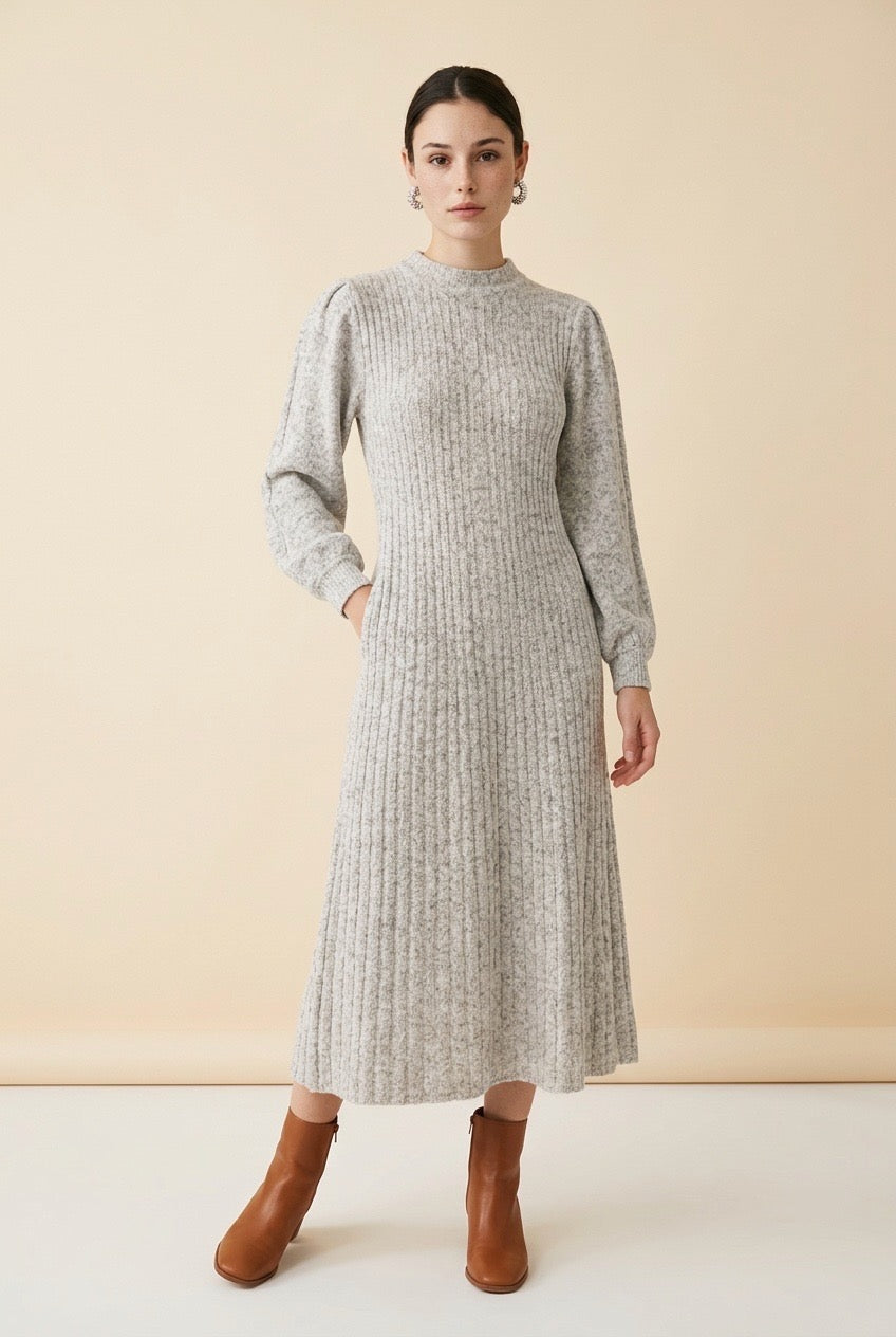 Noa Long-Sleeve Round-Neck Midi Dress with Side Slit in Beige | Casa Maly