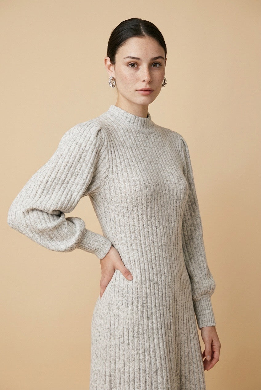 Noa Long-Sleeve Round-Neck Midi Dress with Side Slit in Beige | Casa Maly