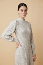 Noa Long-Sleeve Round-Neck Midi Dress with Side Slit in Beige | Casa Maly