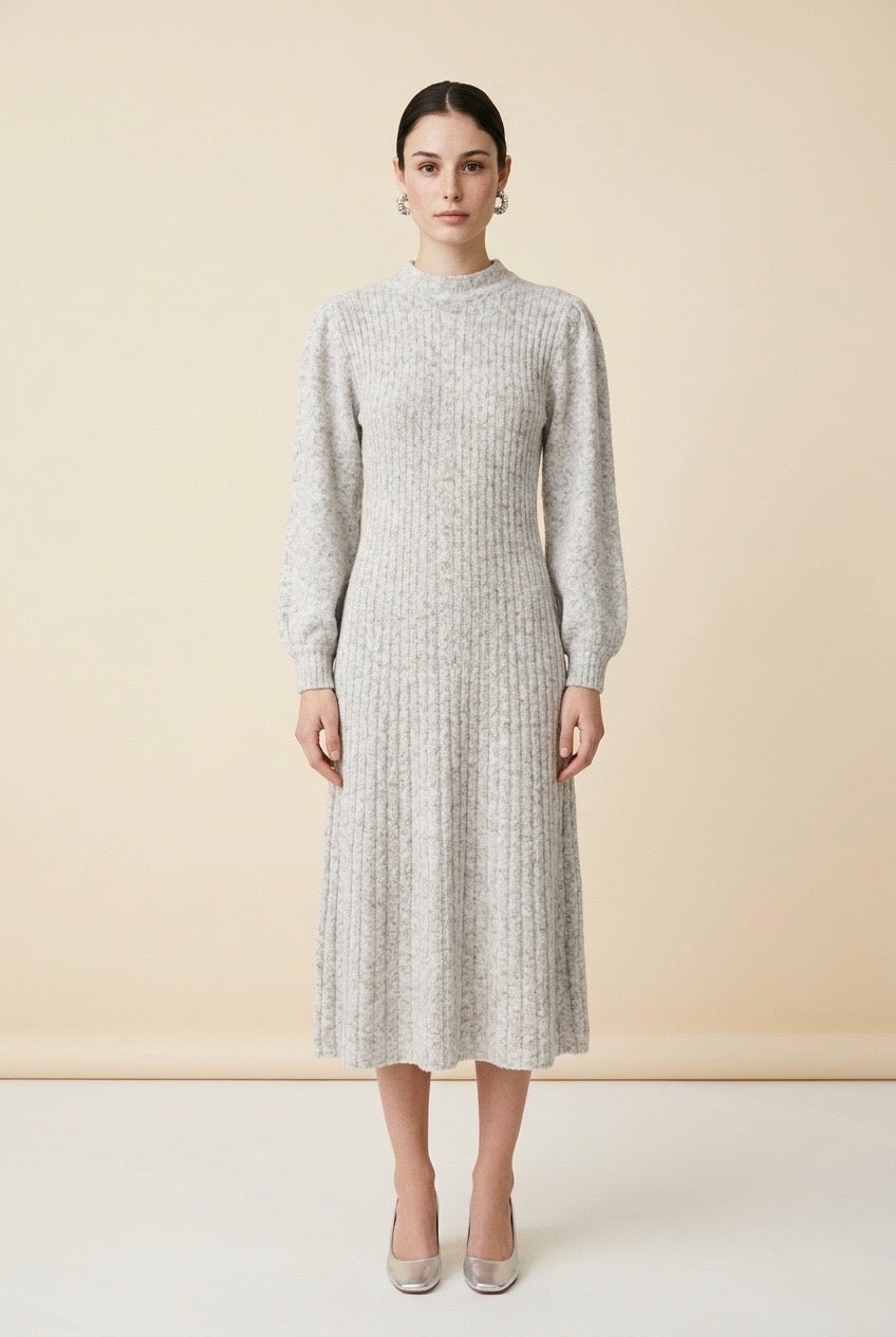 Noa Long-Sleeve Round-Neck Midi Dress with Side Slit in Beige | Casa Maly