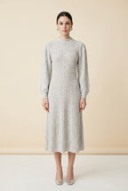 Noa Long-Sleeve Round-Neck Midi Dress with Side Slit in Beige | Casa Maly