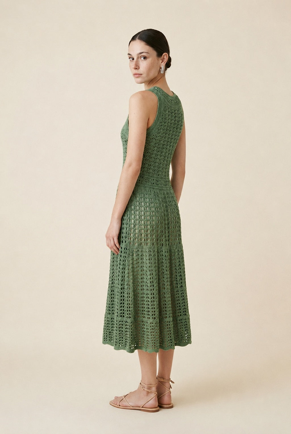 Jackie Tiered Pointelle Crochet Knit Halter Midi Dress in Green | Casa Maly
