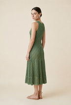 Jackie Tiered Pointelle Crochet Knit Halter Midi Dress in Green | Casa Maly