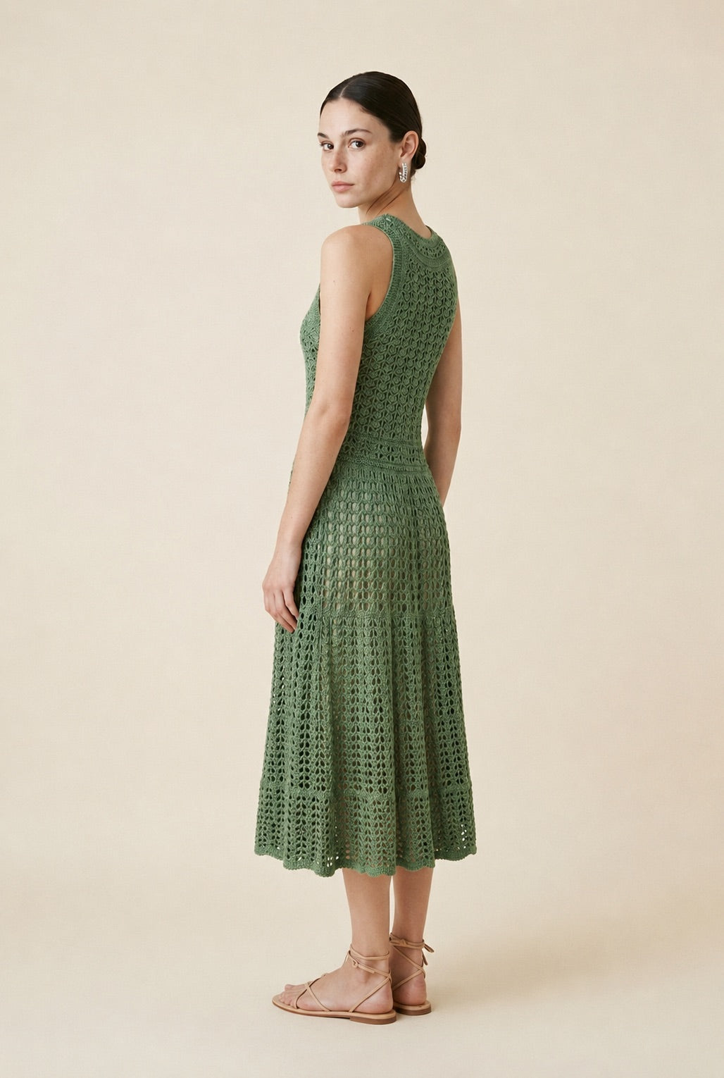 Jackie Tiered Pointelle Crochet Knit Halter Midi Dress in Green | Casa Maly