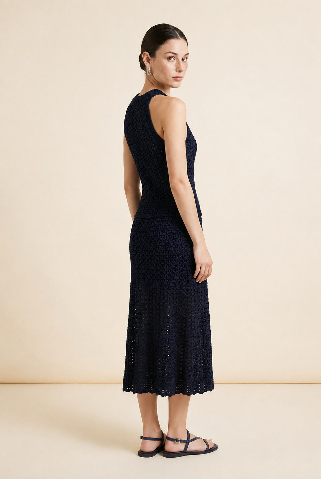 Jackie Tiered Pointelle Crochet Knit Halter Midi Dress in Navy | Casa Maly