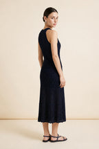 Jackie Tiered Pointelle Crochet Knit Halter Midi Dress in Navy | Casa Maly