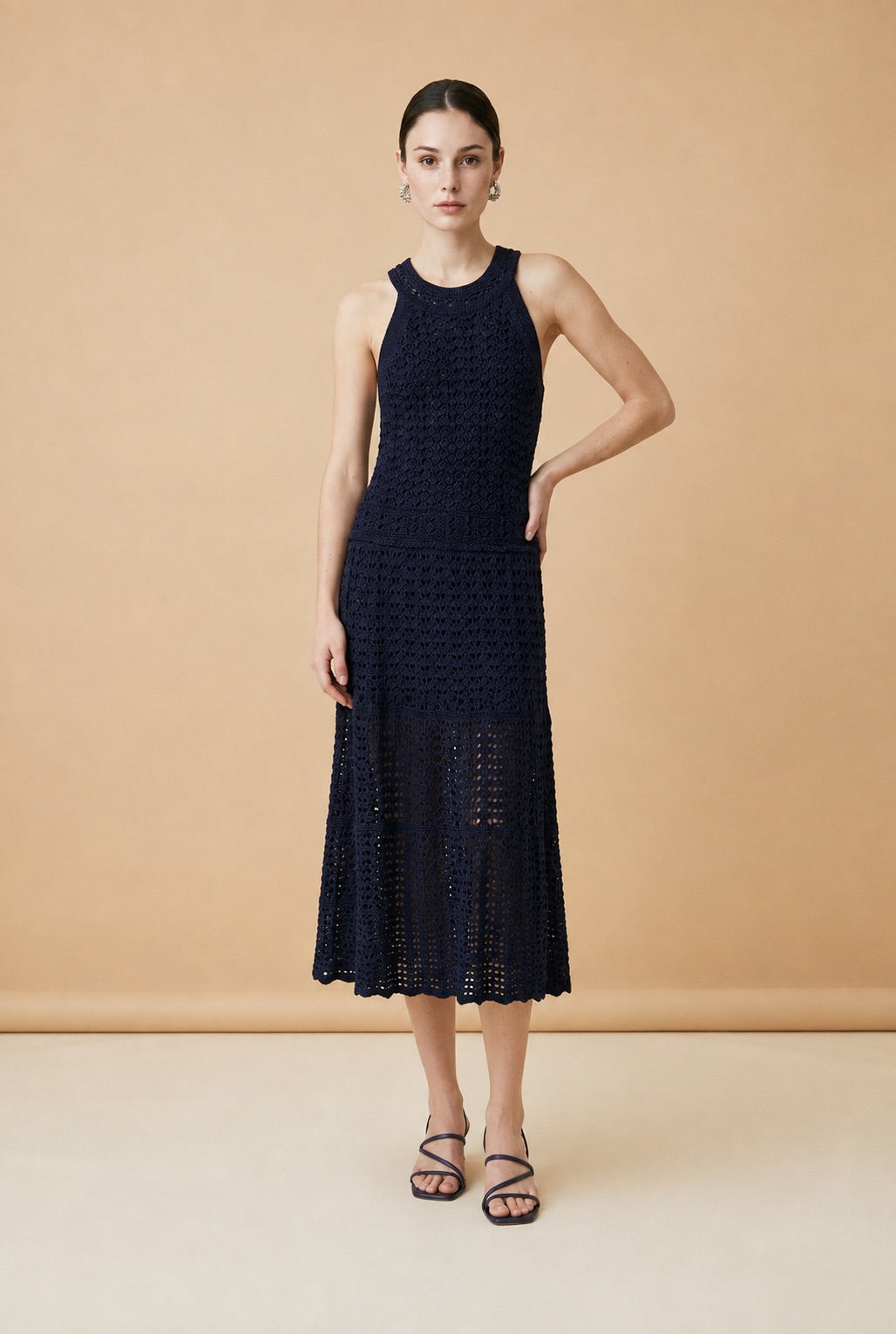 Jackie Tiered Pointelle Crochet Knit Halter Midi Dress in Navy | Casa Maly