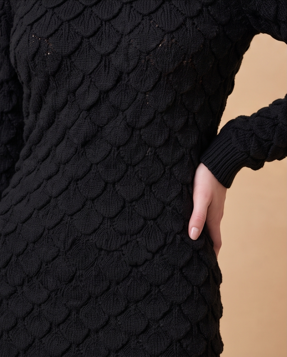 A woman wearing the Lucce long-sleeve knit midi dress in black, showcasing its textured pattern and sophisticated fitted silhouette.