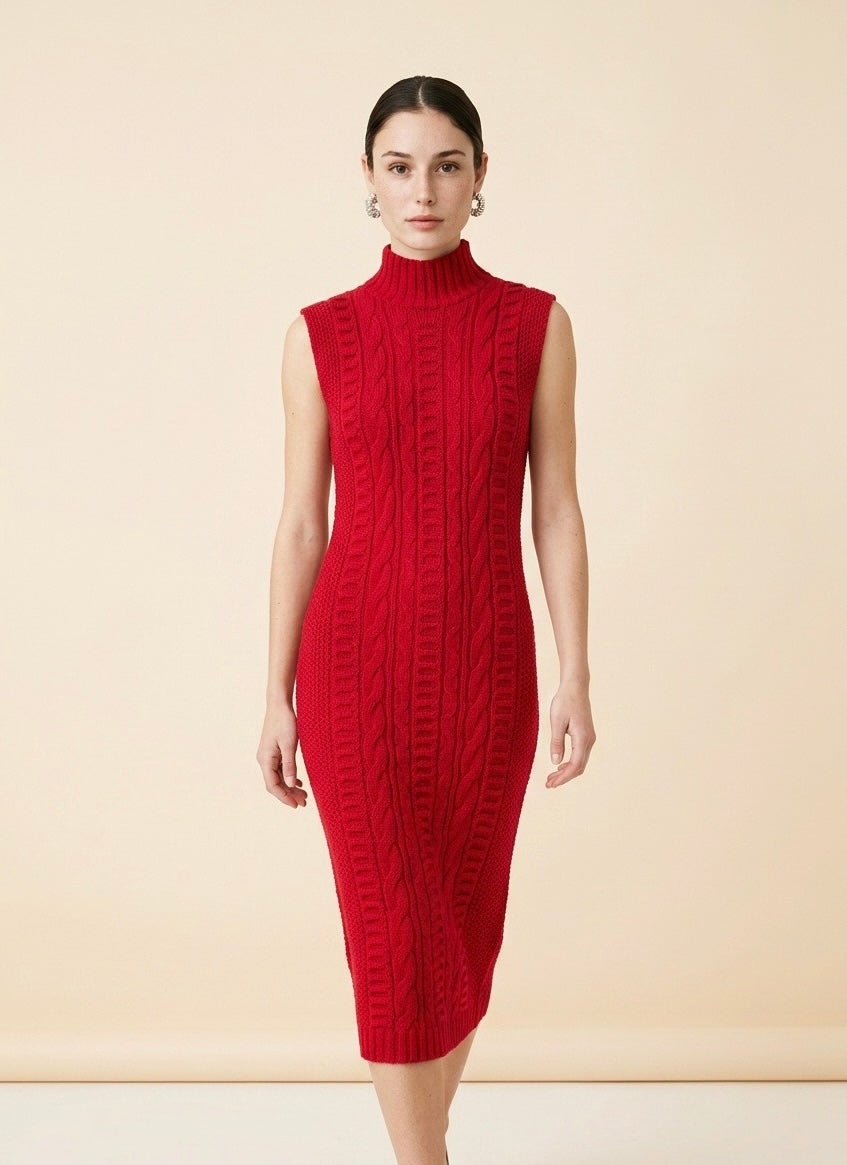 Maia sleeveless dress in red featuring a delicate textured pattern, high neckline, and vibrant flowy silhouette