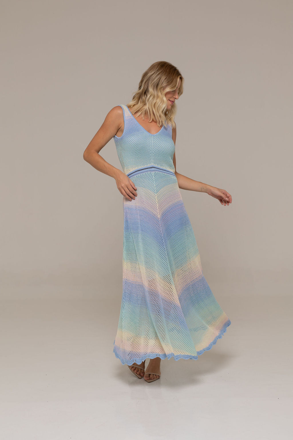 Rainbow Blue Open-Stitch V-Neck Knit Dress | Casa Maly