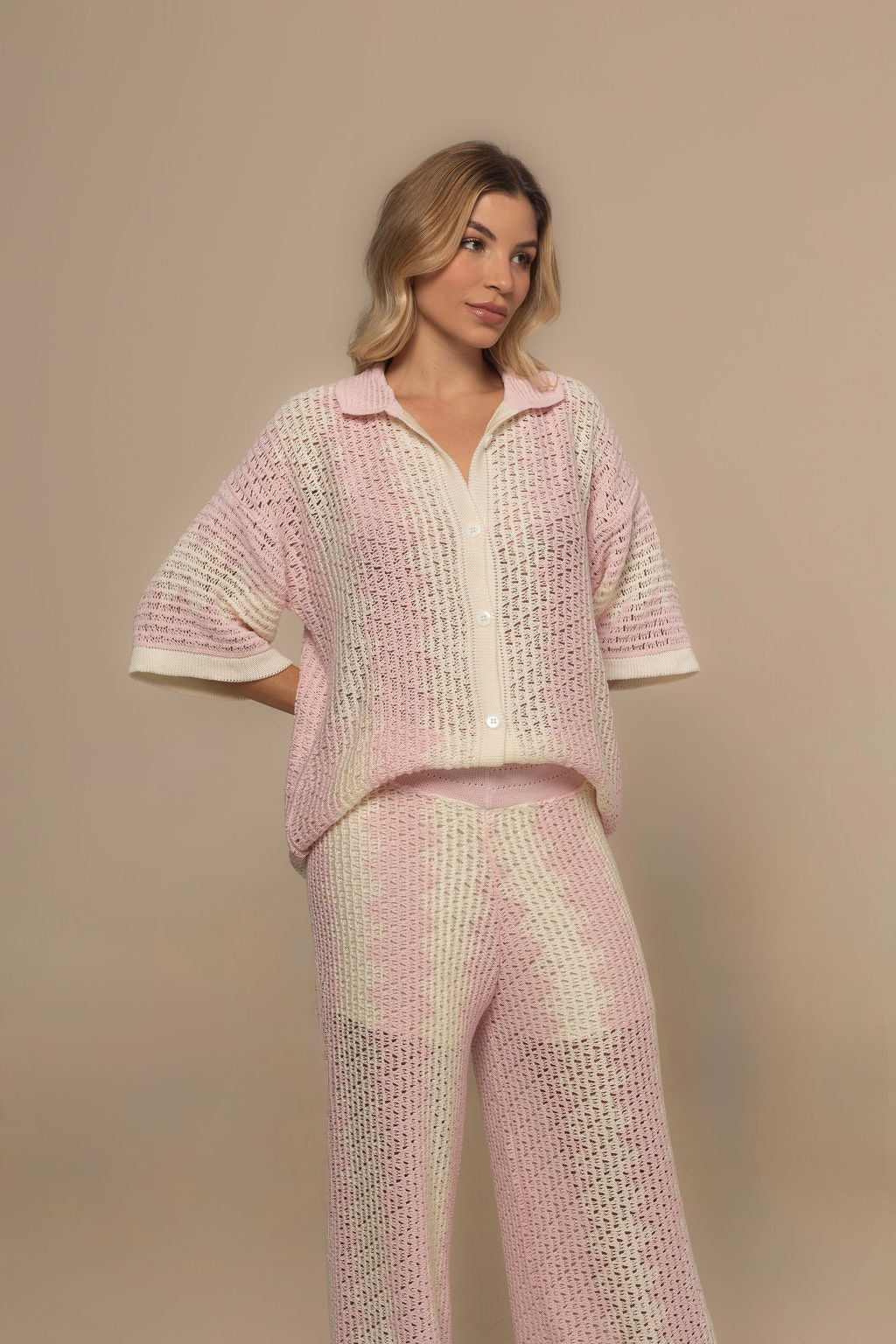 Pink & Beige Knit Two-Piece Resort Set | Casa Maly