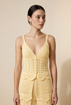 Casa Maly Romina Set - Light yellow crochet V-neck top and matching wide-leg pants with scalloped tiered details