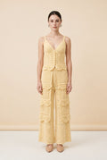Casa Maly Romina Set - Light yellow crochet V-neck top and matching wide-leg pants with scalloped tiered details