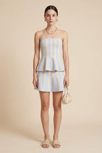 Marina Striped Strapless Peplum Top and Mini Skirt Knit Set in Baby Blue and Butter | Casa Maly