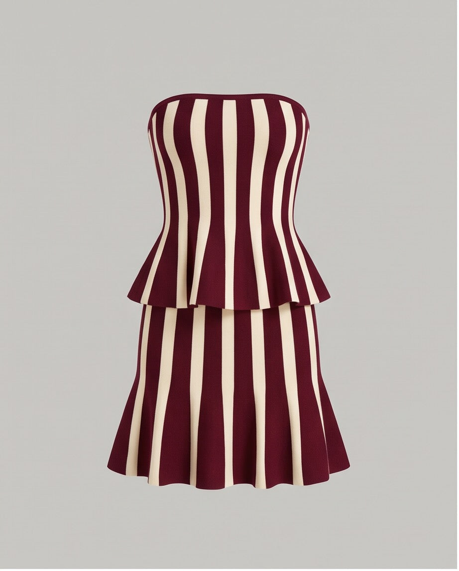 Marina Striped Strapless Peplum Top and Mini Skirt Knit Set in Red and White | Casa Maly