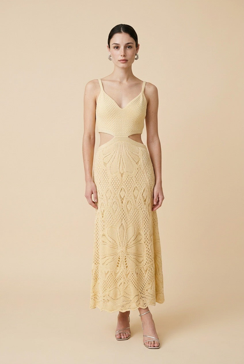 Sevilla Yellow Geometric Open-Knit V-Neck Dress | Casa Maly