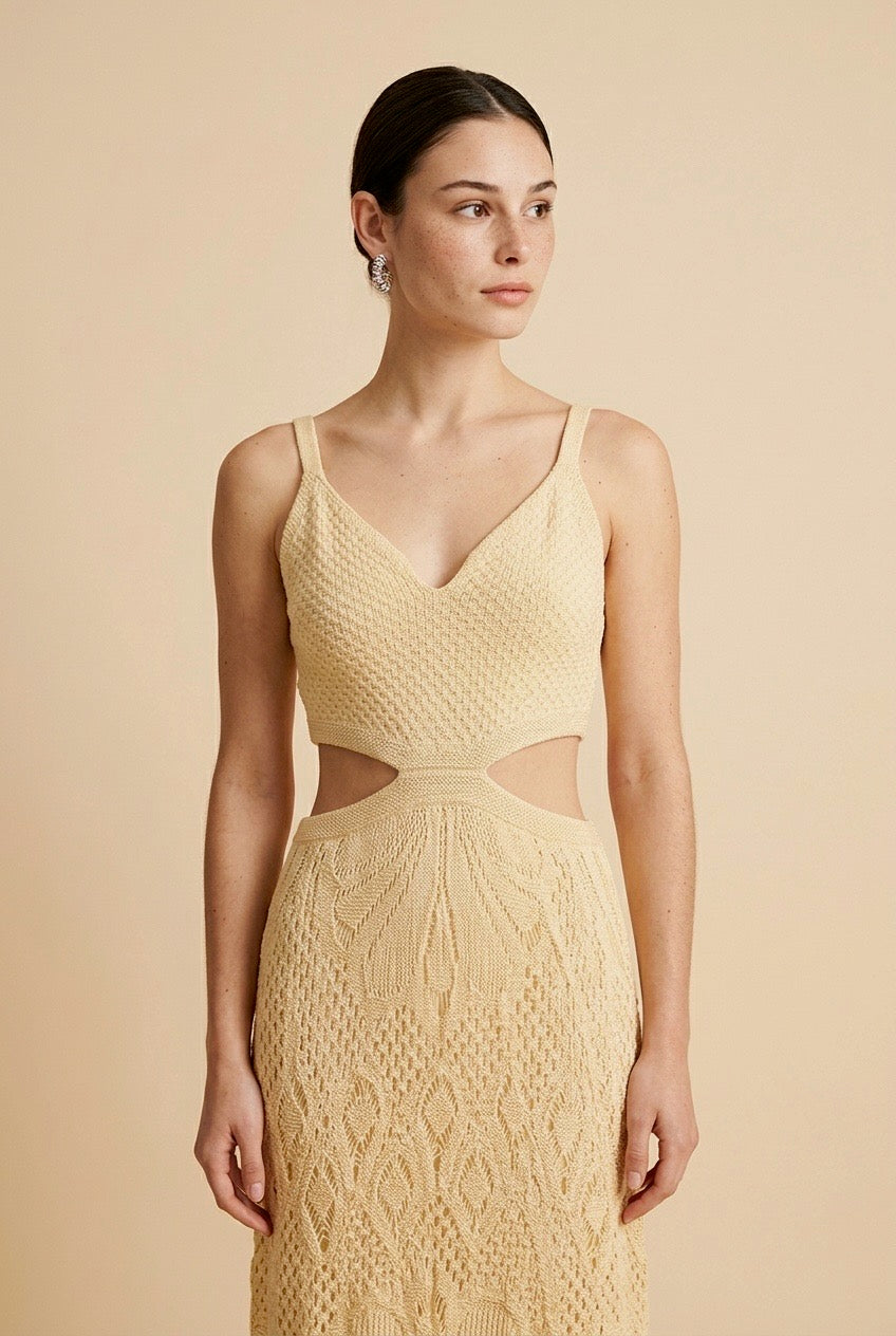 Sevilla Yellow Geometric Open-Knit V-Neck Dress | Casa Maly