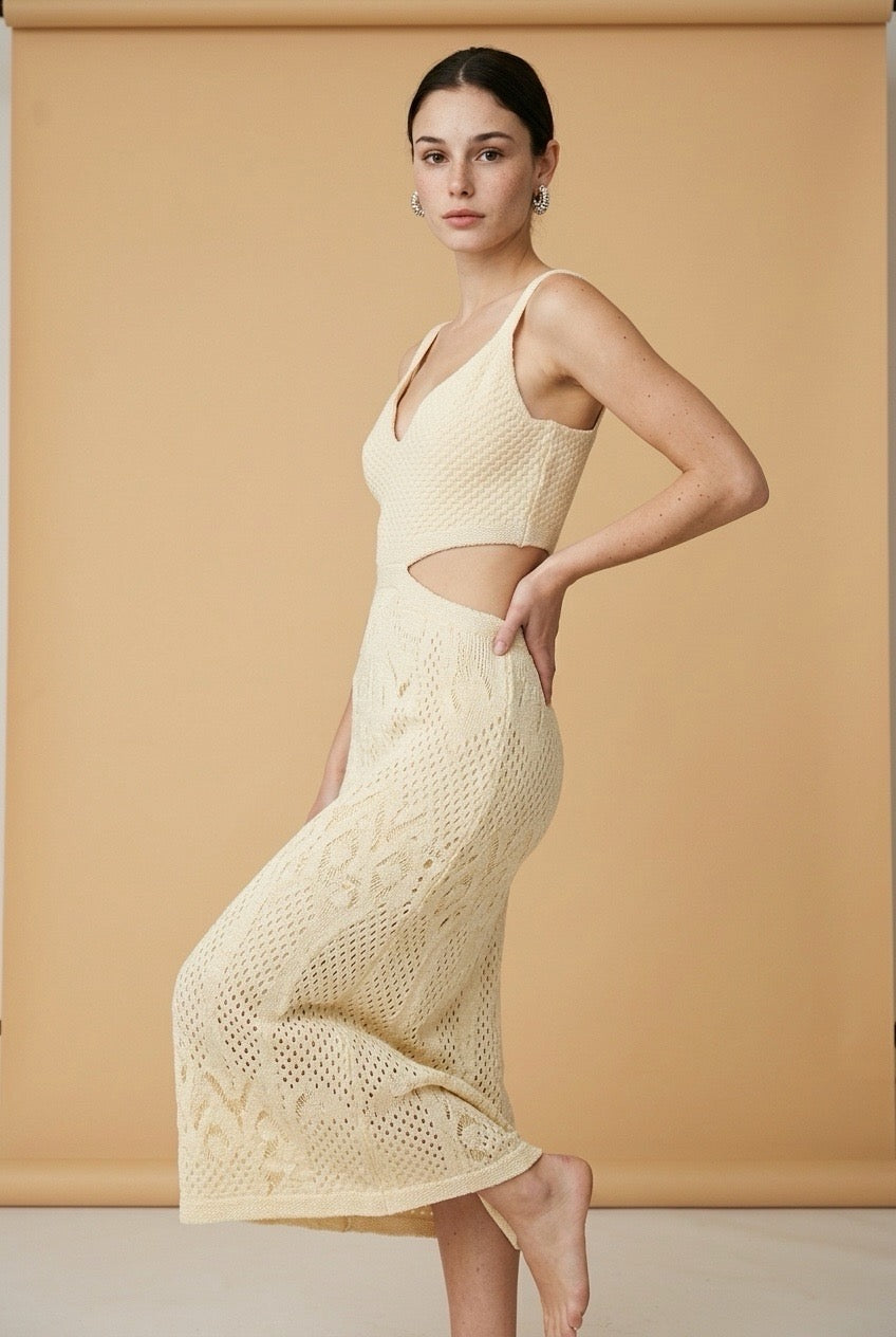 Sevilla Beige Geometric Open-Knit V-Neck Dress | Casa Maly