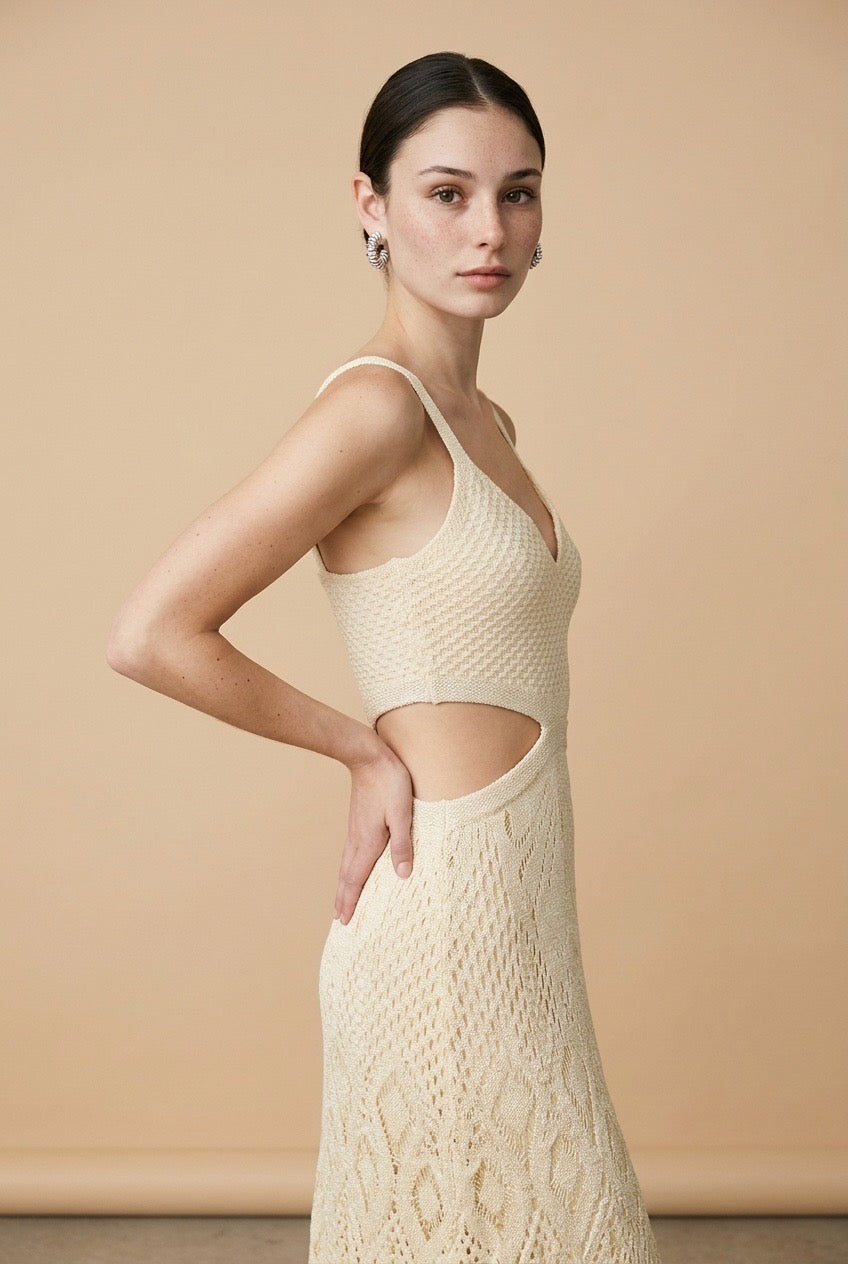 Sevilla Beige Geometric Open-Knit V-Neck Dress | Casa Maly