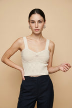 Siena knit tank top in ivory featuring wide shoulder straps, a sweetheart neckline, ribbed bust detail, and a textured corset-style bodice