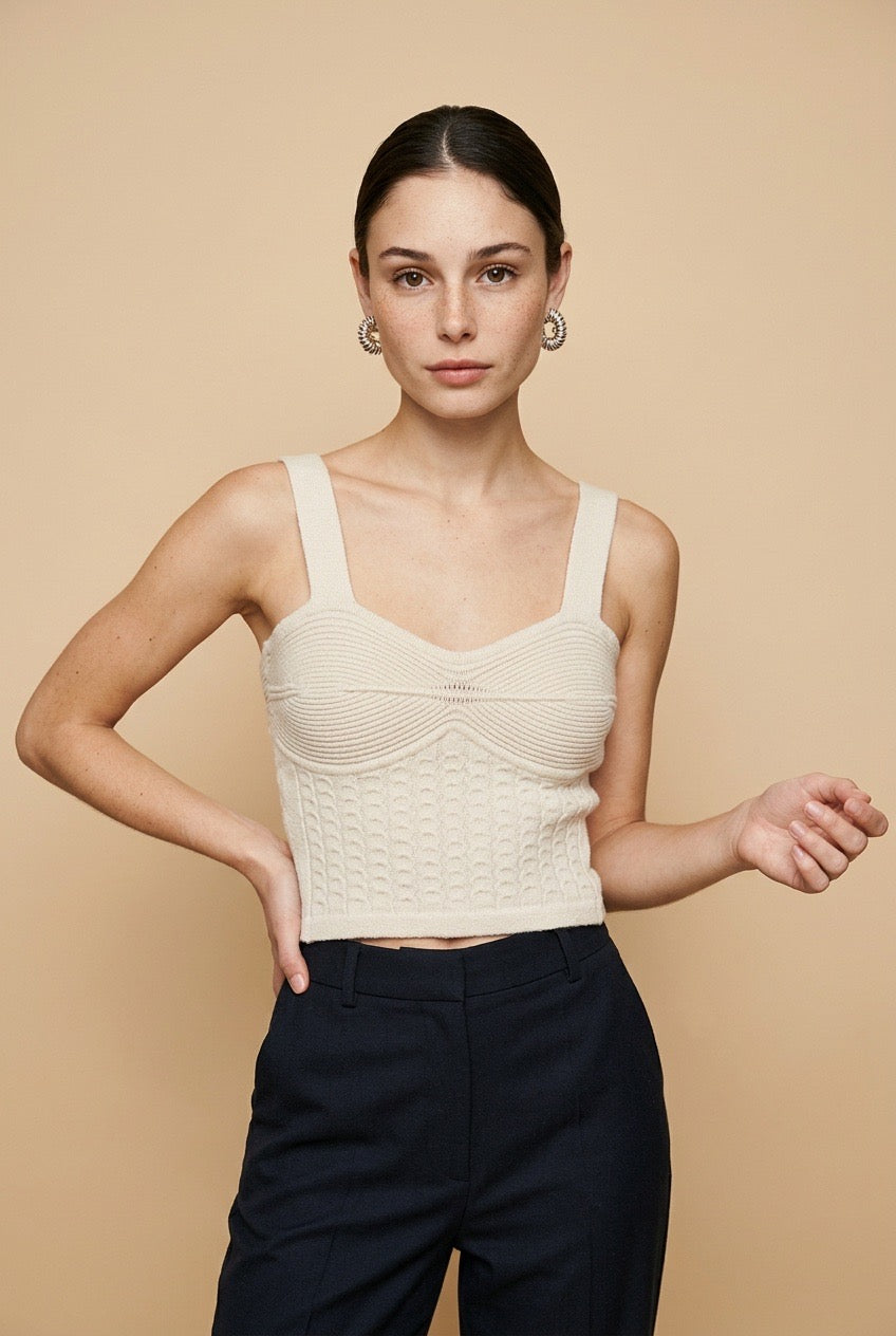 Siena knit tank top in ivory featuring wide shoulder straps, a sweetheart neckline, ribbed bust detail, and a textured corset-style bodice
