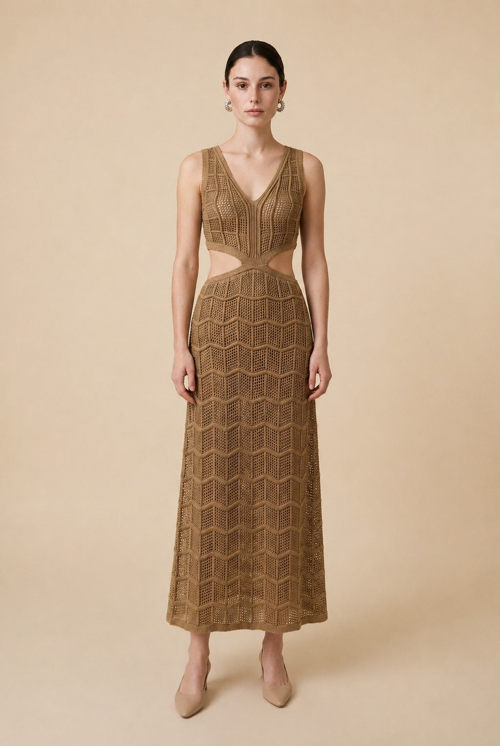 Silvia Lurex Gold Crochet V-Neck Dress | Casa Maly