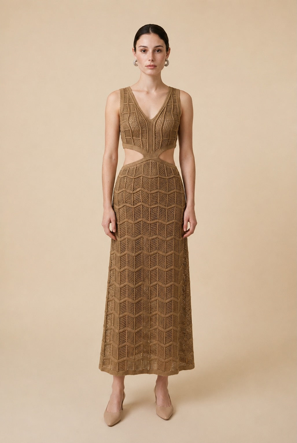 Silvia Lurex Gold Crochet V-Neck Dress | Casa Maly