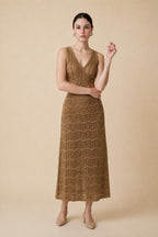 Silvia Lurex Gold Crochet V-Neck Dress | Casa Maly