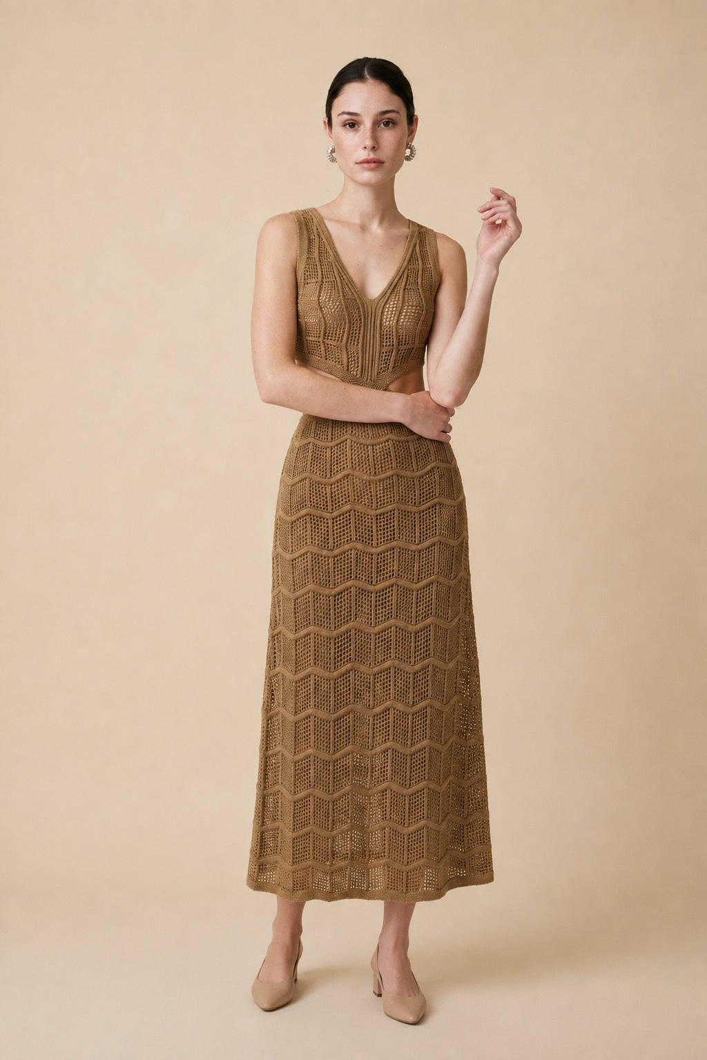 Silvia Lurex Gold Crochet V-Neck Dress | Casa Maly