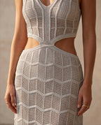 Casa Maly Silvia Lurex Dress - Light beige shimmering knit maxi dress with side waist cutouts and chevron pattern