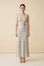 Casa Maly Silvia Lurex Dress - Light beige shimmering knit maxi dress with side waist cutouts and chevron pattern