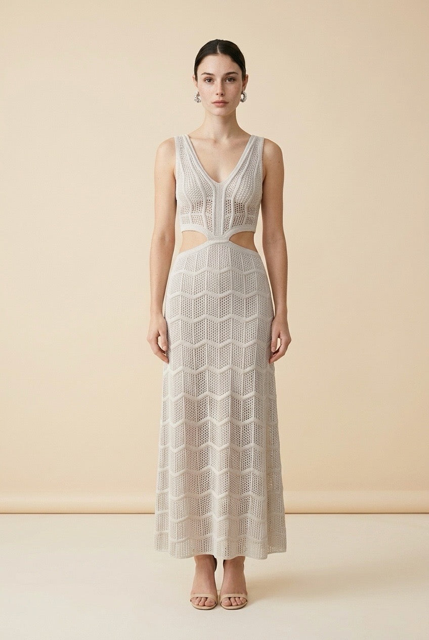 Casa Maly Silvia Lurex Dress - Light beige shimmering knit maxi dress with side waist cutouts and chevron pattern