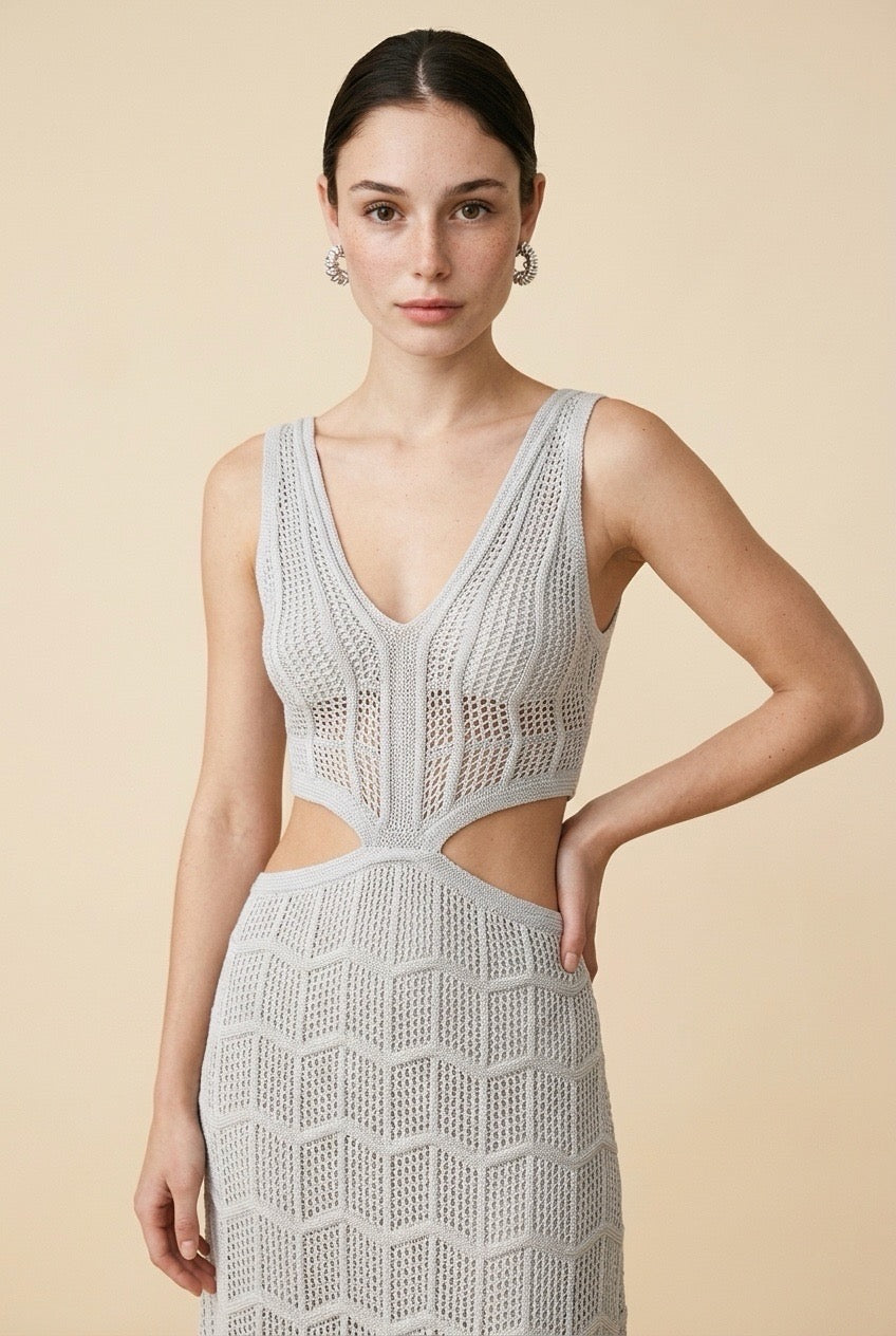 Casa Maly Silvia Lurex Dress - Light beige shimmering knit maxi dress with side waist cutouts and chevron pattern