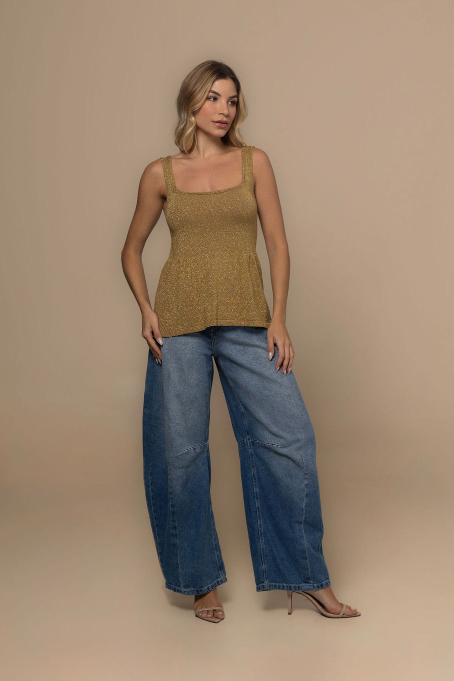 Gold Luminous Metallic Knit Flared Top in Gold | Casa Maly