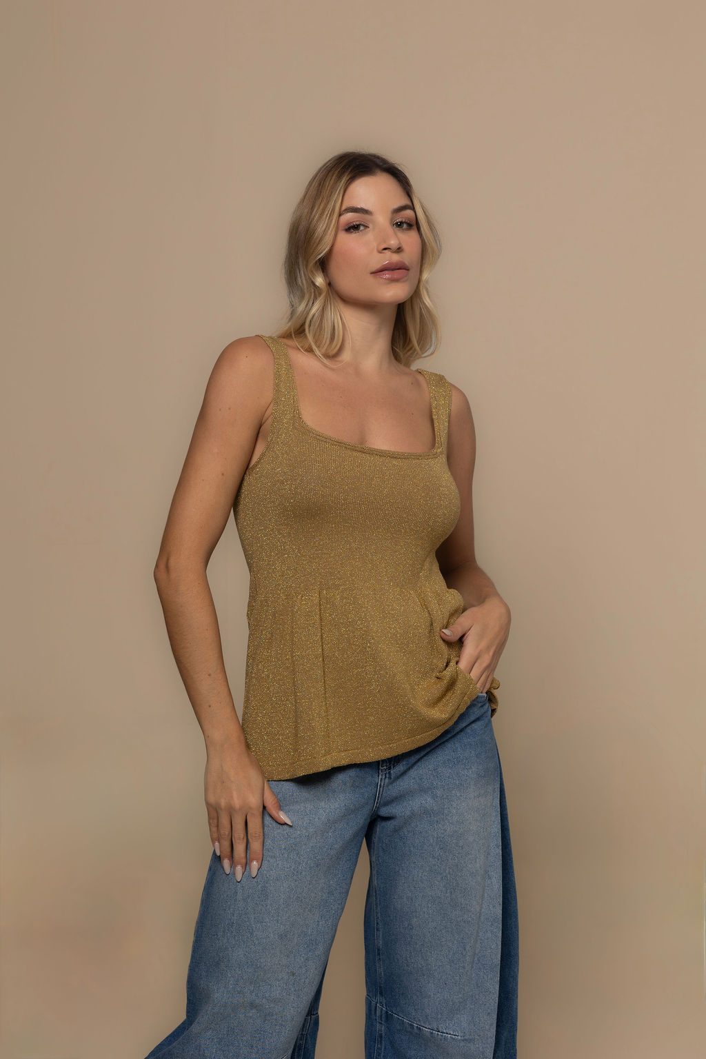 Gold Luminous Metallic Knit Flared Top in Gold | Casa Maly