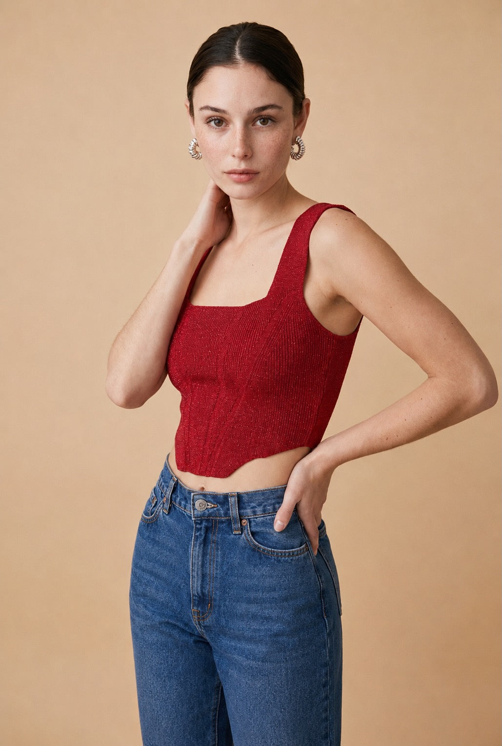 Joia Viscose Blend Fluid Contour Knit Top in Red | Casa Maly