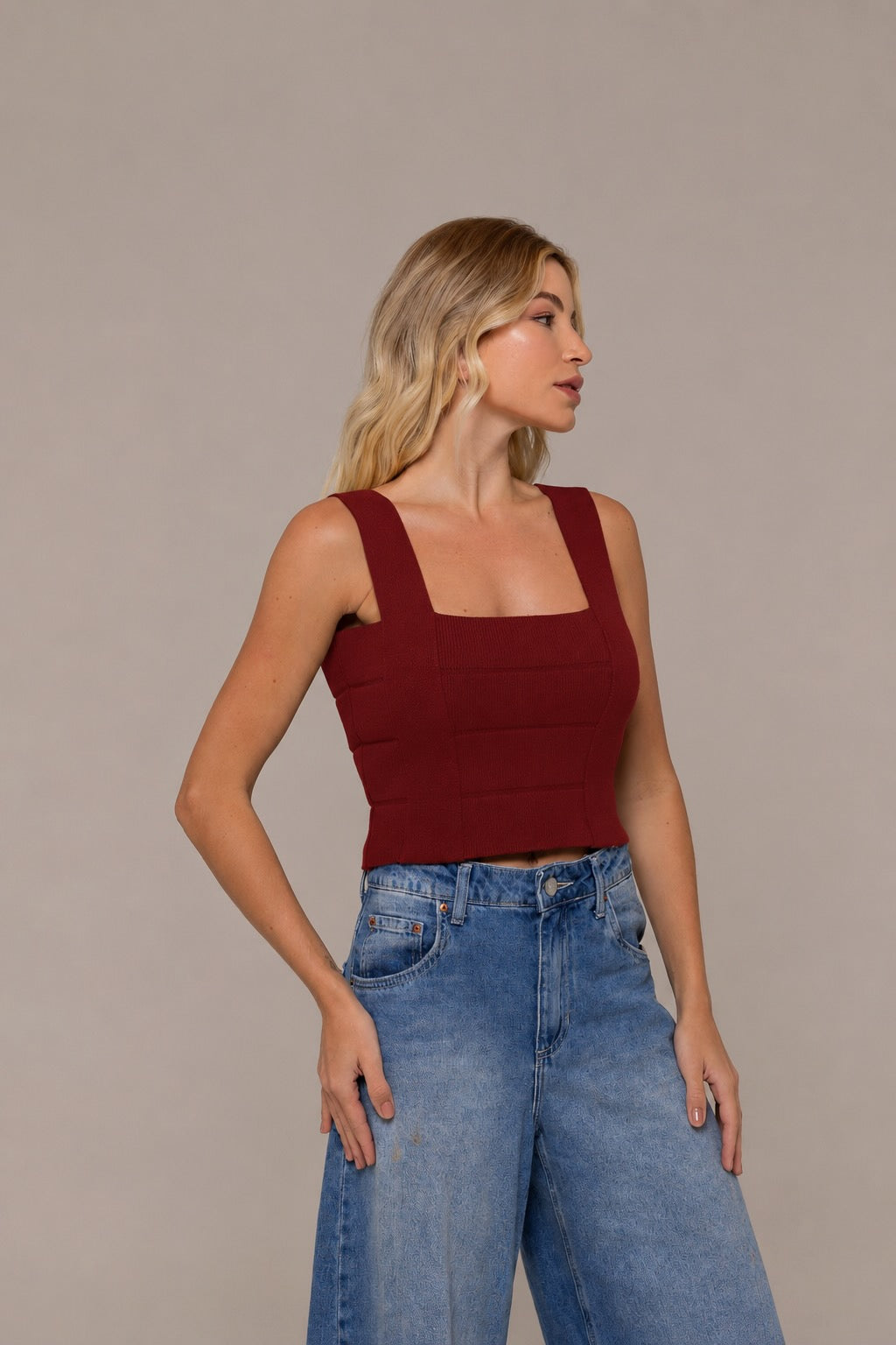Gema Textured Contour Knit Top in Red | Casa Maly
