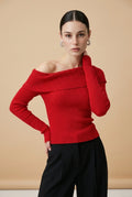 Off-Shoulder Long-Sleeve Ribbed Knit Top in Red | Casa Maly