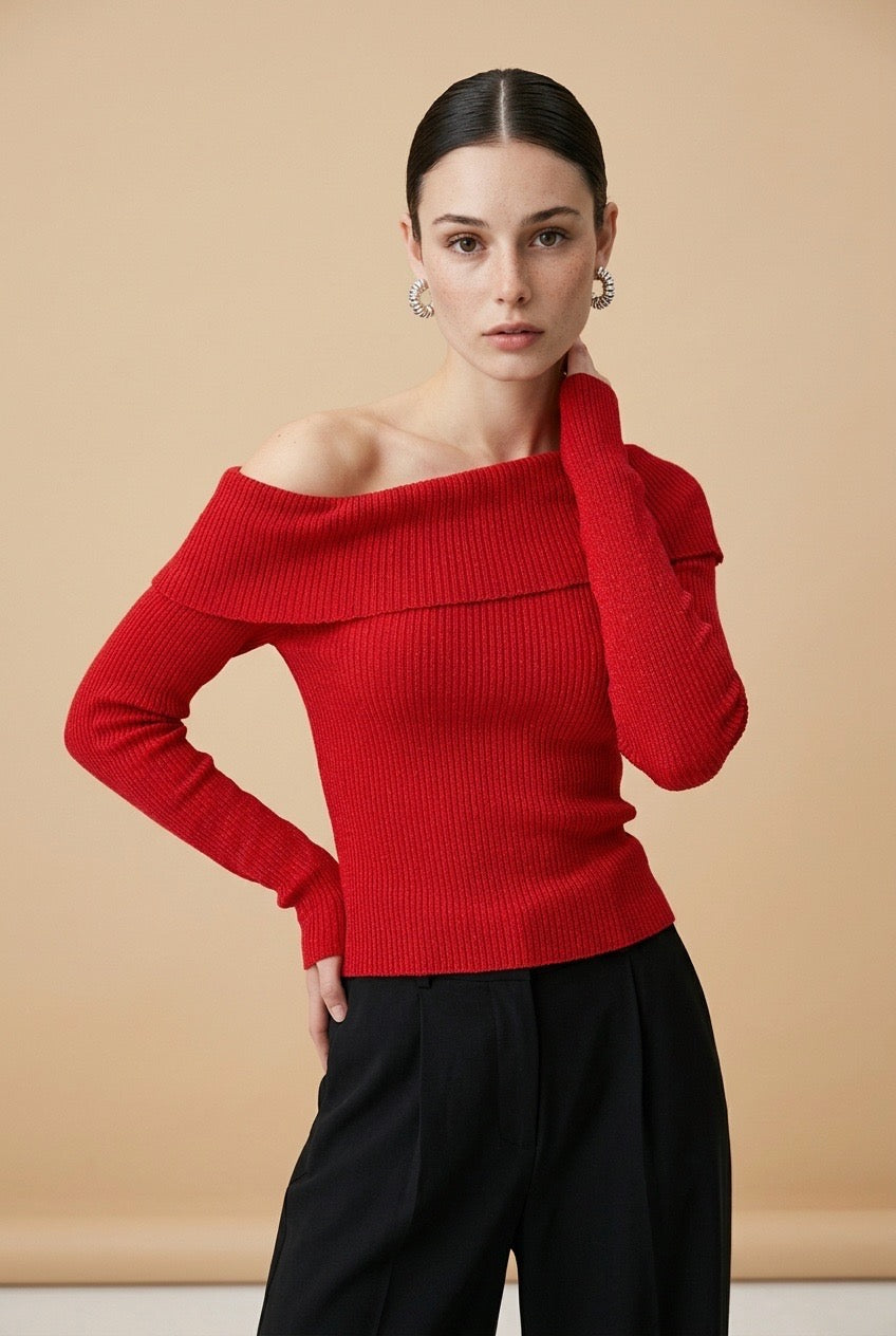 Off-Shoulder Long-Sleeve Ribbed Knit Top in Red | Casa Maly